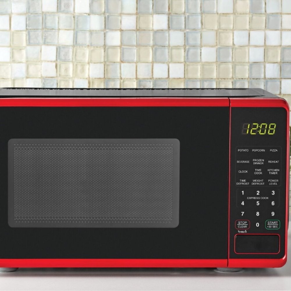 0.7 Cu ft Compact Countertop Microwave Oven, Black/White/Red